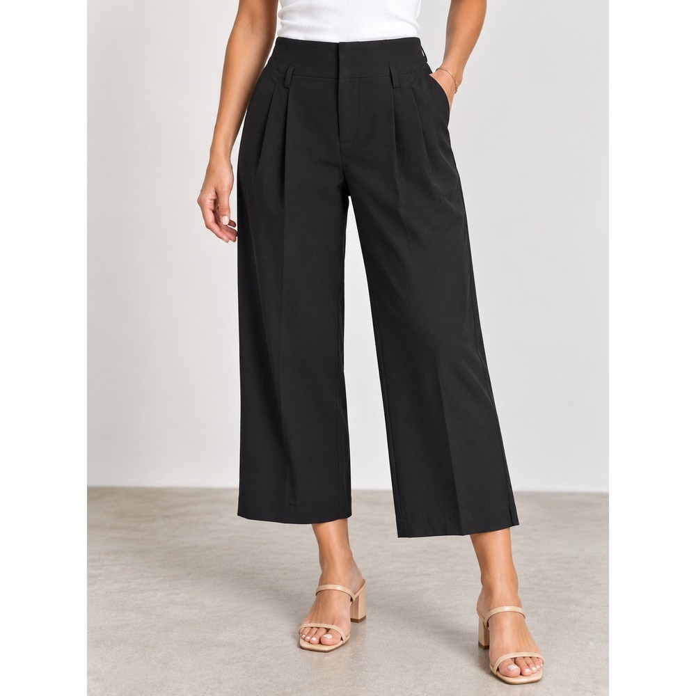 A New Day Black High-Rise Pleated Wide Leg Cropped Trousers Size 6 Stretch
